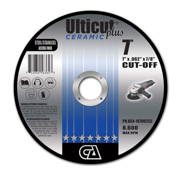 Continental Abrasives 7" x .062" x 7/8" Ceramic Ulticut Plus T27 Double Reinforced Cut-Off Wheel for Stainless/Steel AC4-10700252 - main